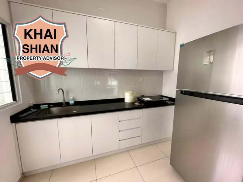 Kitchen features: white cabinetry, black granite countertop, stainless-steel fridge, single-bowl stainless-steel sink, chrome pull-down faucet, white tiled backsplash, built-in stove, drawer storage, floor tiles, window with view, under-cabinet lighting; style: modern.