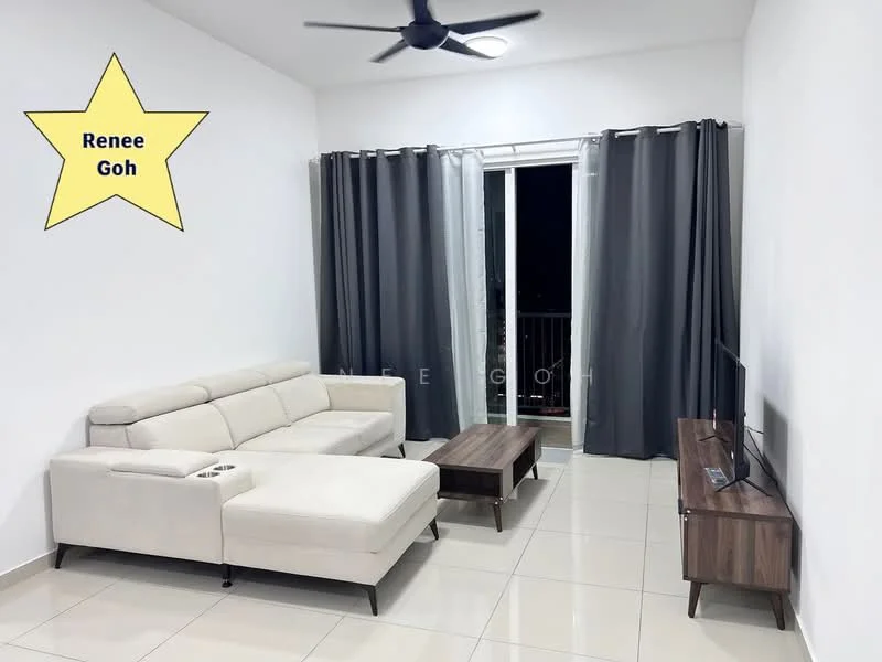Living features: 3-seater fabric sofa in light beige, coffee table in dark wood, TV console in dark wood, wall-mounted TV, floor-to-ceiling sliding glass door, grey curtains, white painted walls, glossy ceramic tile flooring, ceiling fan with light, decorative wall art; style: modern; view: city.