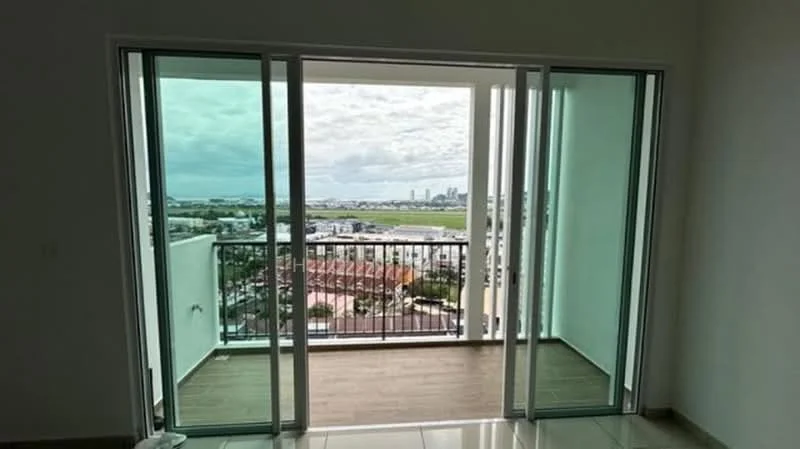 Room features: floor-to-ceiling sliding glass doors, balcony with railing, view of city skyline, light-colored walls, wood-look flooring, tile flooring, natural light from large windows; style: modern; view: city.