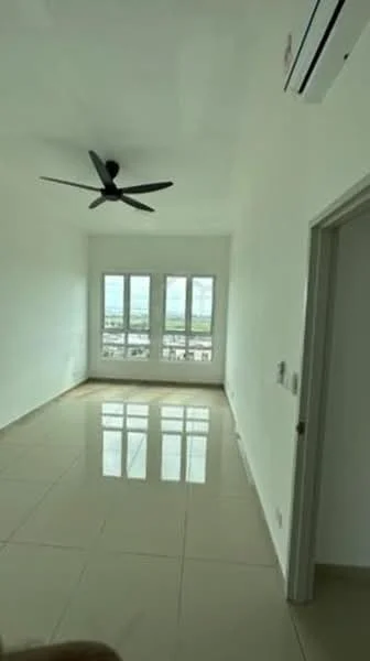 Living features: white painted walls, glossy ceramic tile flooring, 5-blade ceiling fan, floor-to-ceiling windows, natural light, city view, air conditioning unit, neutral color scheme; style: modern; view: city.