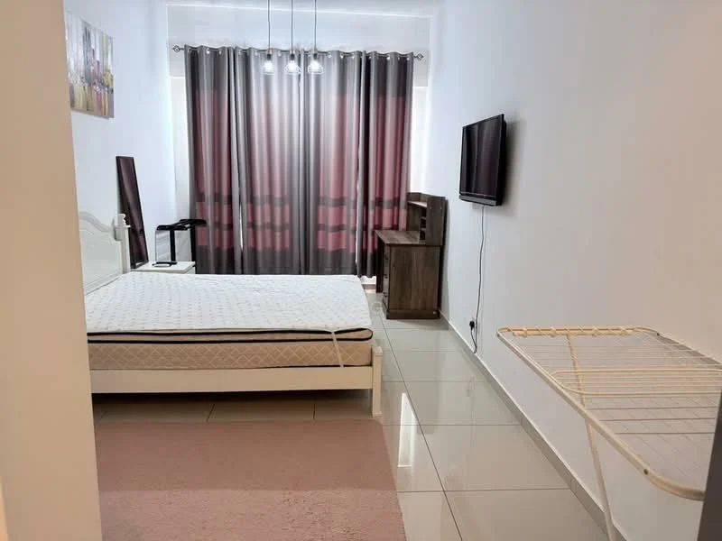 Bedroom features: queen-size bed without bedding, white painted walls, grey curtains, floor-to-ceiling windows, wall-mounted TV, wooden dresser, sliding mirror wardrobe, tile flooring, ceiling light fixture, folding drying rack; style: modern.