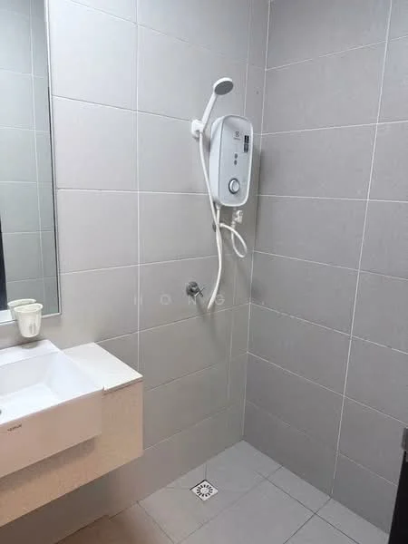 Bathroom features: grey tiled walls, white sink with countertop, shower area with wall-mounted showerhead, mixer tap, floor tiles, mirror above sink, soap dish, drainage grate; style: modern.