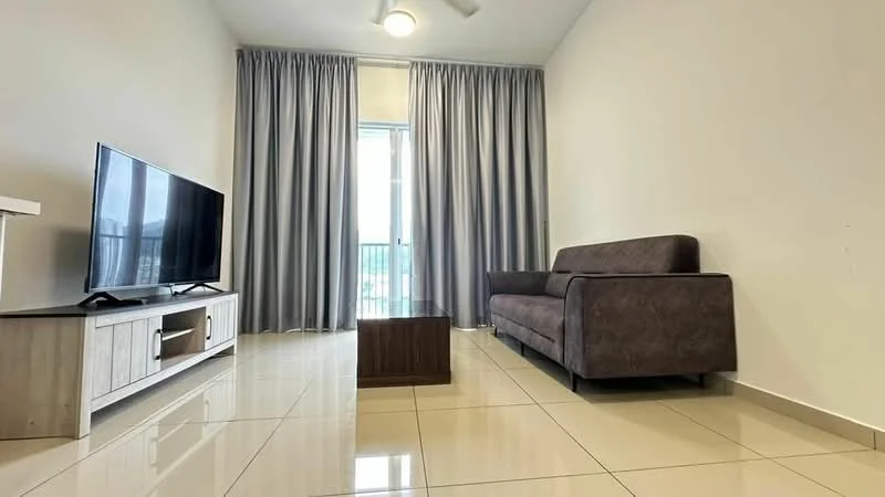 Living features: 3-seater fabric sofa in brown, flat-screen TV on console, wooden TV console, glass coffee table, floor-to-ceiling windows, sheer curtains, light-colored walls, glossy tile flooring, ceiling fan with light, recessed downlights; style: modern; view: city.