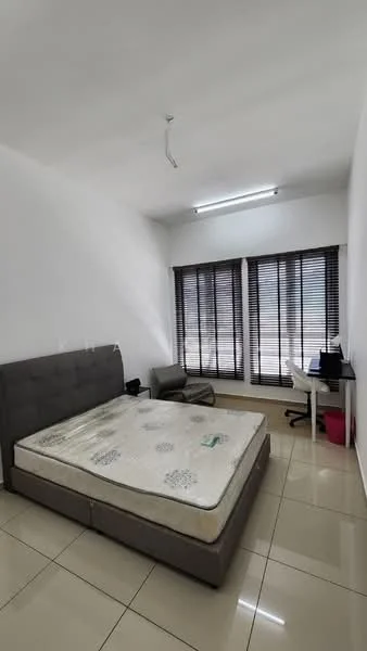 Bedroom features: queen-size bed with grey upholstered headboard, white bedding, 2 bedside tables, black desk with chair, floor-to-ceiling windows with black blinds, light-colored walls, glossy tiled flooring, ceiling light fixture; style: modern.