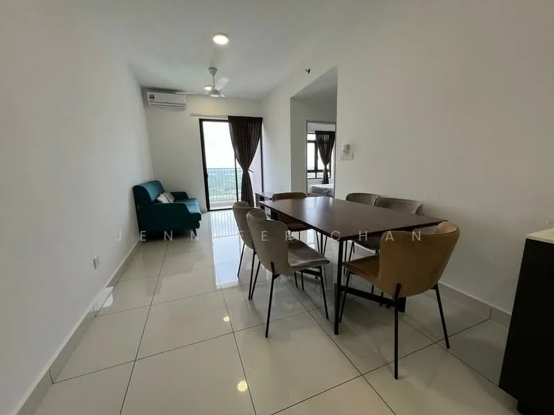 Dining features: dining table with 6 chairs, white walls, recessed downlights, floor-to-ceiling windows, sliding glass door, ceramic tile flooring, ceiling fan, green sofa, curtains, city view; style: modern; view: city.