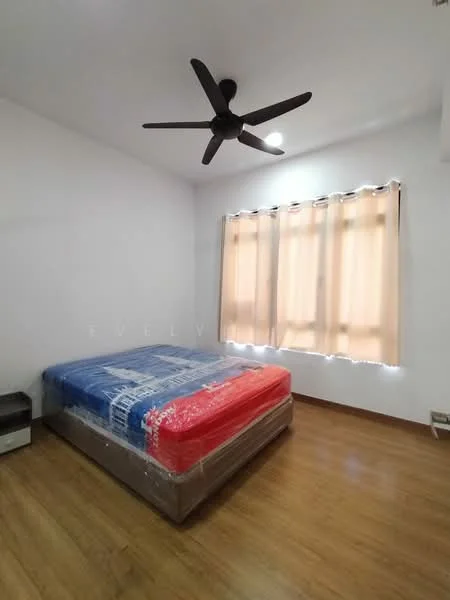 Bedroom features: queen-size bed with mattress protector, 5-blade ceiling fan with light, wooden flooring, white painted walls, curtains on windows, two windows with sheer curtains, nightstand, built-in wardrobe; style: modern.