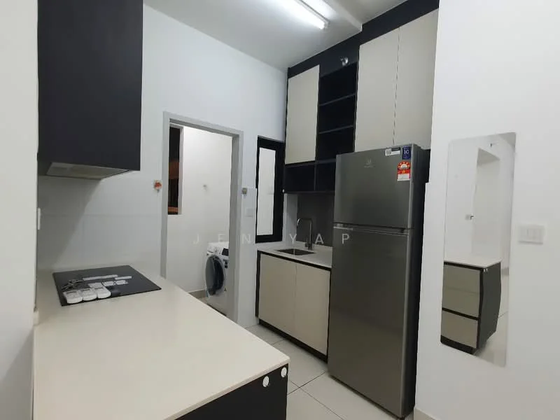 Kitchen features: white painted walls, grey cabinetry, black cabinetry, light-colored countertop, stainless-steel fridge, built-in oven, cooktop with 4 burners, wall-mounted extractor hood, mirror on wall, tile flooring, recessed lighting, washer/dryer visible, open shelving; style: modern.