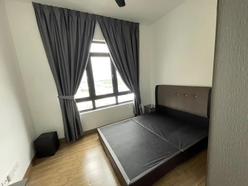 Bedroom features: queen-size bed frame without mattress, grey upholstered headboard, floor-to-ceiling window, blackout curtains, wooden flooring, decorative wall with texture, small bedside table, ceiling fan; style: modern; view: city.