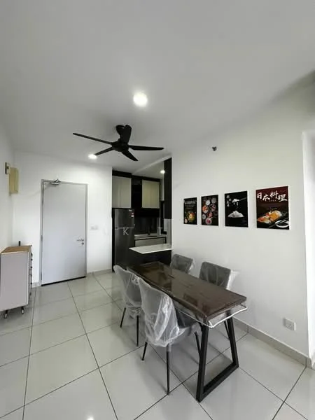 Dining features: rectangular dining table with glass top, 4 upholstered dining chairs, 5-blade ceiling fan with light, white painted walls, glossy ceramic tile flooring, wall-mounted artwork, built-in cabinetry, recessed downlights; style: modern. Kitchen features: black cabinetry, stainless-steel appliances, countertop with breakfast bar, open layout to dining area; style: modern.