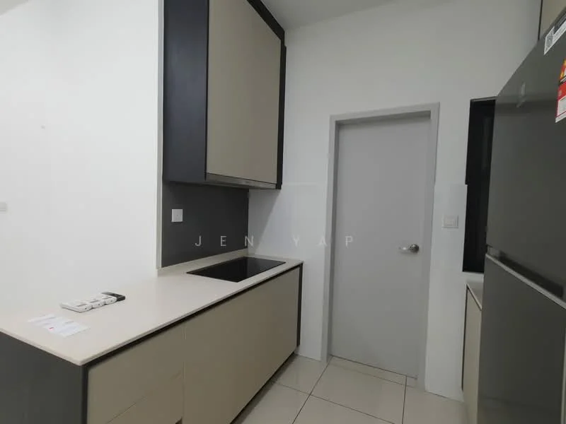 Kitchen features: white painted walls, grey cabinetry, black countertop, single-bowl stainless-steel sink, chrome pull-down faucet, built-in oven, freestanding fridge, ceramic tile flooring, recessed downlights, sliding door, open shelving; style: modern.