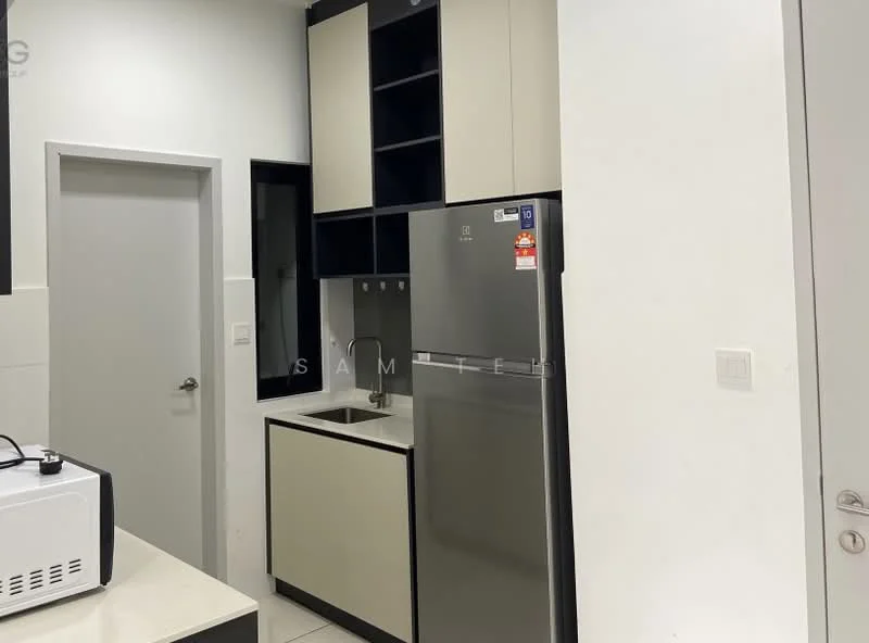 Kitchen features: light grey cabinetry, dark grey countertop, stainless-steel fridge, single-bowl stainless-steel sink, chrome pull-down faucet, built-in microwave, white tiled backsplash, wall-mounted cabinets, recessed lighting, white walls, ceramic tile flooring; style: modern.