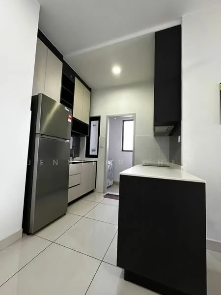 Kitchen features: stainless-steel fridge, laminate cabinetry in black and cream, white quartz countertop, ceramic tile flooring, single-bowl stainless-steel sink, chrome pull-down faucet, built-in oven, cooktop, wall-mounted hood, recessed downlights, window with view, open shelving, kitchen island; style: modern.