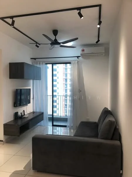 Living features: grey fabric sofa, wall-mounted TV, TV console in dark wood, floor-to-ceiling windows, sheer curtains, 5-blade ceiling fan with light, wall-mounted air conditioning unit, recessed LED track lighting, white painted walls, glossy tile flooring; style: modern; view: city.
