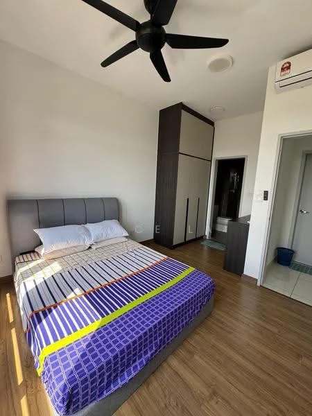 Bedroom features: queen-size bed with grey upholstered headboard, striped bedding in blue, white, and red, wooden flooring, ceiling fan, built-in wardrobe with dark wood finish, wall-mounted air conditioning unit, window with natural light, neutral painted walls; style: modern.
