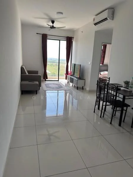 Living features: white painted walls, glossy white tile flooring, 5-blade ceiling fan with light, floor-to-ceiling windows, sliding glass door, curtains in red, sofa in grey, area rug, TV console, wall-mounted TV, dining table with chairs; style: modern; view: city.