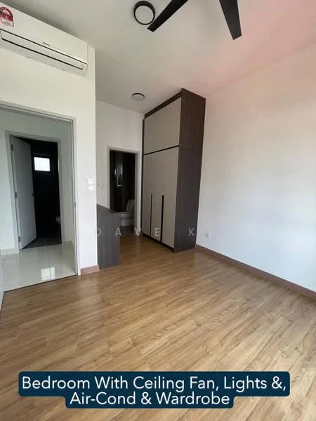 Bedroom features: wooden flooring, white painted walls, ceiling fan, air-conditioning unit, built-in wardrobe, recessed lighting, window with natural light, doorway to hallway; style: modern.