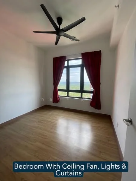 Bedroom features: wooden flooring, white painted walls, 5-blade ceiling fan with light, large window with view, red curtains, light fixtures, door, baseboard.