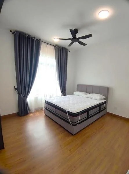Bedroom features: queen-size bed, upholstered headboard, grey bed frame, floor-to-ceiling window, sheer curtains, blackout curtains, 5-blade ceiling fan, laminate flooring, white painted walls, recessed downlights; style: modern.