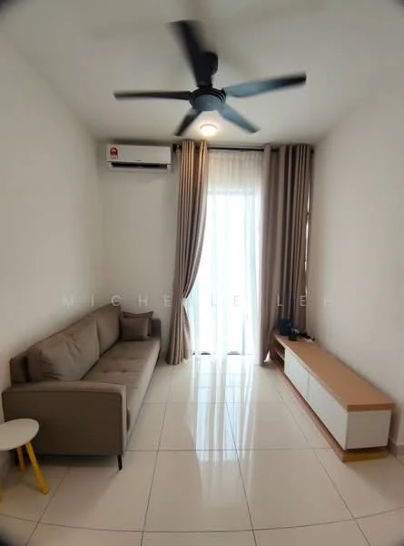 Living features: 3-seater fabric sofa in beige, white wall, white tiled flooring, 5-blade ceiling fan with light, floor-to-ceiling window, sheer curtains, TV console in light wood, decorative wall with no visible artwork; style: modern.