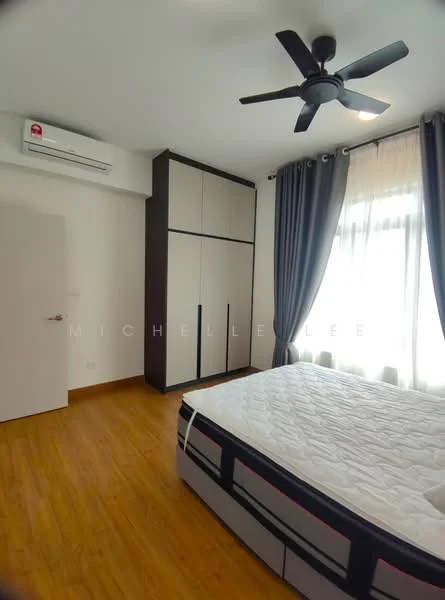 Bedroom features: wooden flooring, white painted walls, 5-blade ceiling fan with light, wall-mounted split AC, queen-size bed, built-in wardrobe with sliding doors, floor-to-ceiling window with sheer curtains, decorative curtain rods; style: modern.