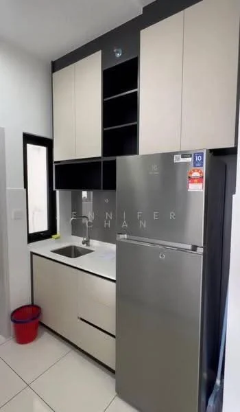 Kitchen features: white and black cabinetry, single-bowl stainless-steel sink, chrome pull-down faucet, stainless-steel fridge, white countertop, tile backsplash, wall-mounted cabinets, floor-to-ceiling window, white tile flooring, red waste bin; style: modern.