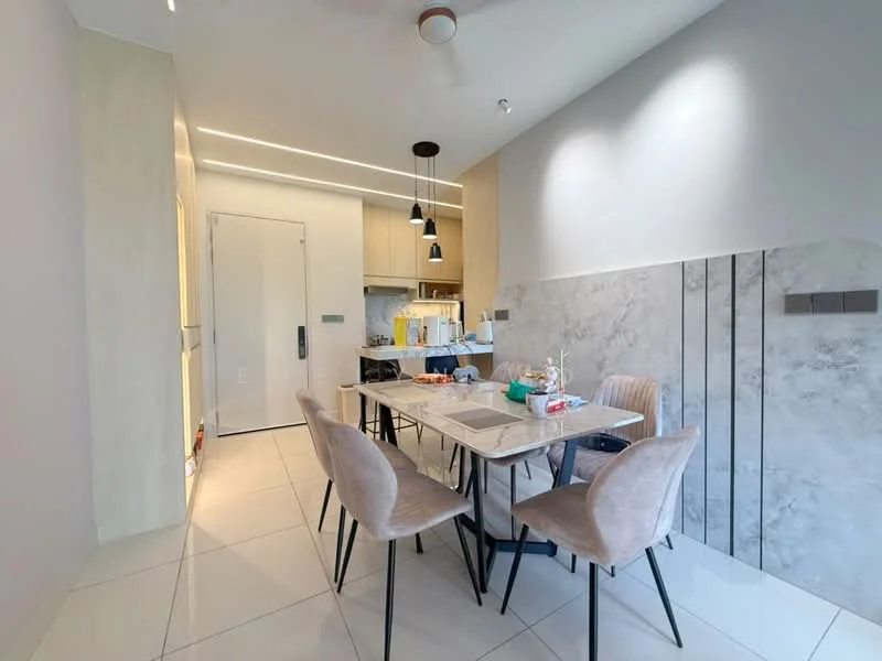 Dining features: marble dining table, upholstered dining chairs in beige, white painted walls, grey accent wall with vertical lines, recessed LED downlights, kitchen area visible in background, floor-to-ceiling cabinet, white cabinetry, built-in oven, microwave, stainless-steel sink, chrome pull-down faucet, tile flooring; style: modern.