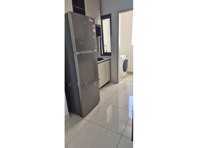 Kitchen features: stainless-steel fridge, built-in cabinetry, black countertop, white walls, glossy tile flooring, window with black frame, washing machine, recessed lighting; style: modern.