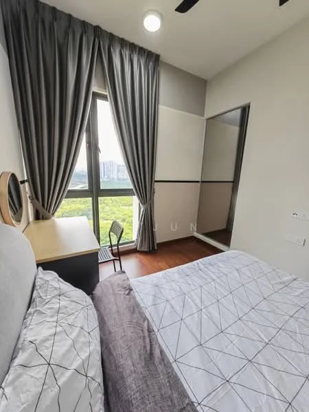 Bedroom features: queen-size bed with grey bedding, wooden bedside table, round mirror on wall, floor-to-ceiling window, grey curtains, wooden flooring, chair, built-in wardrobe with sliding mirror doors; style: modern; view: garden.