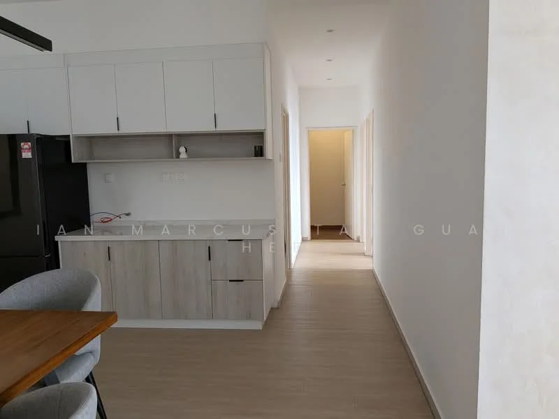 Kitchen features: light wood cabinetry, black refrigerator, white walls, laminate flooring, open layout, kitchen island with seating, countertop with storage, built-in oven, stainless-steel sink; style: modern. Hallway features: light wood flooring, white walls, recessed lighting, doorway leading to other rooms; style: modern.