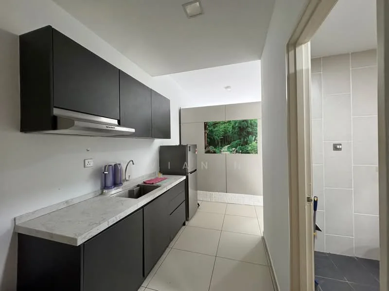 Kitchen features: black cabinetry, marble countertop, single-bowl stainless-steel sink, chrome pull-down faucet, built-in oven, stainless-steel range hood, ceramic tile flooring, wall-mounted microwave, kettle, decorative wall with greenery, light fixture, open layout; style: modern.