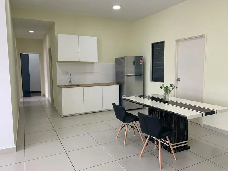 Kitchen features: white cabinetry, wood countertop, stainless-steel fridge, white tiled backsplash, ceramic tile flooring, single-bowl stainless-steel sink, chrome pull-down faucet, recessed downlights, dining table with black and white design, 2 black dining chairs, window with grid design, open layout; style: modern.