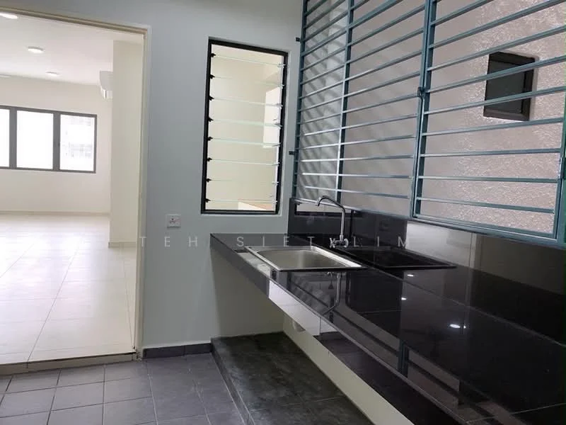 Kitchen features: black granite countertop, single-bowl stainless-steel sink, chrome pull-down faucet, grey tiled flooring, white painted walls, sliding window with metal grilles, open layout to living area, under-cabinet lighting; style: modern. Room features: white painted walls, large windows, tile flooring.