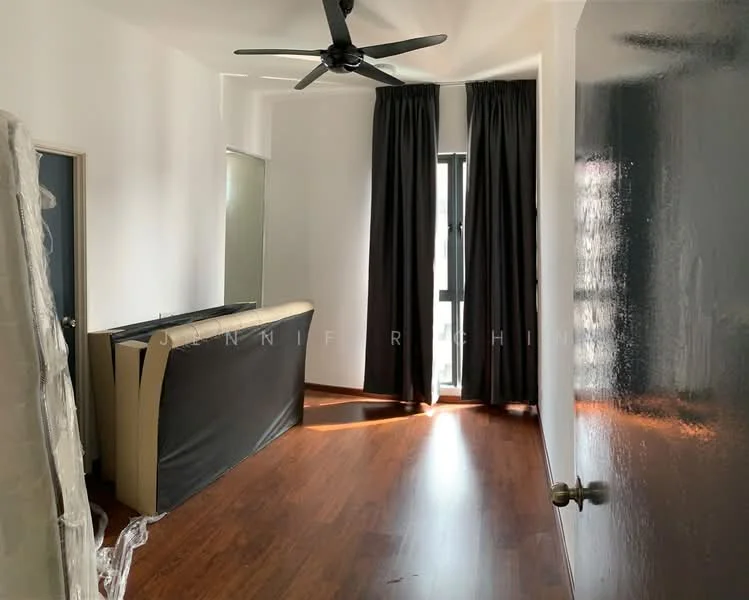 Room features: wooden flooring, white painted walls, blackout curtains, floor-to-ceiling window, 5-blade ceiling fan, corner window, light streaming in from window, unfurnished space; style: modern.