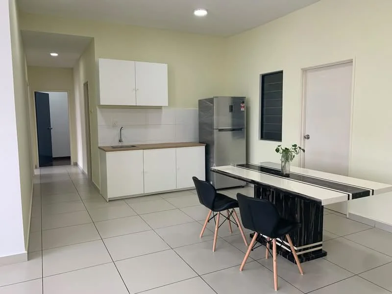Kitchen features: white cabinetry, wood countertop, stainless-steel fridge, white tiled backsplash, ceramic tile flooring, single-bowl stainless-steel sink, chrome pull-down faucet, wall-mounted cabinets, dining table with black and white design, 2 black chairs, window with grid design, recessed ceiling lights; style: modern.