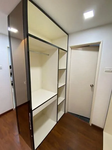 Room features: built-in wardrobe, open shelving, hanging rod for clothes, white interior, dark wood exterior, laminate finish, door leading to another room, wooden flooring, recessed lighting; style: modern.