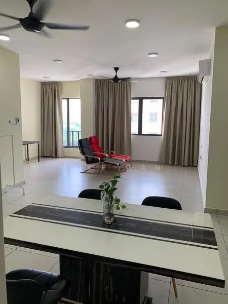 Living features: light-colored painted walls, white ceiling, recessed downlights, 2-blade ceiling fan, large windows with sheer curtains, tiled flooring, black dining table with 4 chairs, red lounge chair, glass side table, green plant in vase; style: modern.