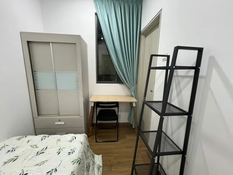 Bedroom features: queen-size bed with floral bedding, built-in wardrobe with sliding doors, wooden flooring, window with sheer curtains, study desk with chair, black metal shelving unit, white painted walls, light blue curtain; style: modern.