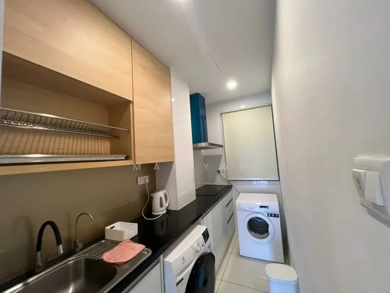 Laundry features: single-bowl stainless-steel sink, chrome pull-down faucet, black granite countertop, wood cabinetry with light finish, open shelving, built-in washing machine, white front-load dryer, white trash bin, window with roller blinds, tile flooring, light-colored walls; style: modern.