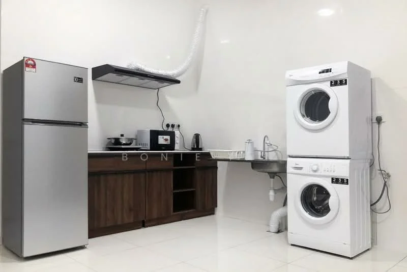 Laundry features: stainless-steel fridge, built-in kitchen cabinet with wood finish, microwave, ventilation hood, front-load washing machine, tumble dryer, sink with faucet, white tiled flooring, white painted walls, exhaust duct; style: modern.