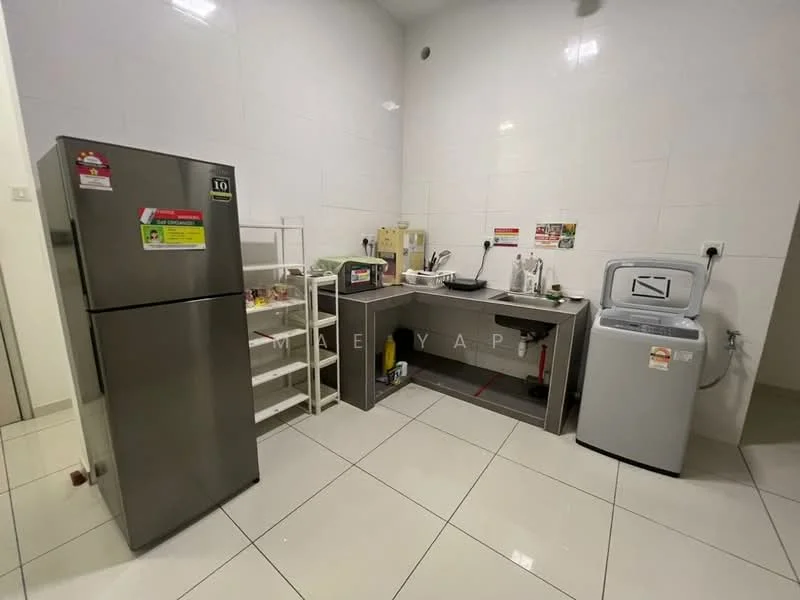 Kitchen features: stainless-steel fridge, white cabinetry, grey countertop, single-bowl stainless-steel sink, chrome pull-down faucet, built-in stove, microwave, washing machine, white tiled walls, white tiled flooring, open shelving; style: modern.