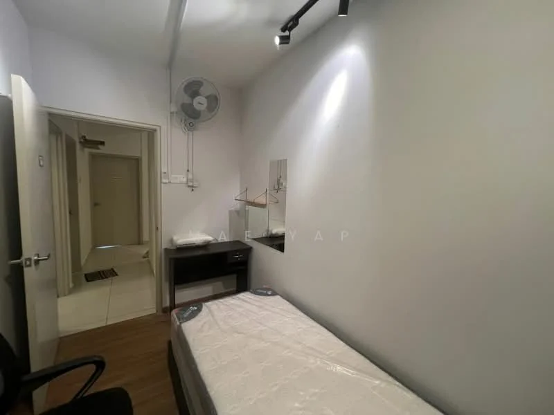 Bedroom features: single bed, wooden flooring, white painted walls, ceiling fan, wall-mounted mirror, desk with chair, built-in wardrobe, door leading to hallway; style: modern.
