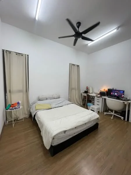 Bedroom features: queen-size bed, light-colored bedding, 2 bedside tables, desk with chair, computer monitor, white walls, wooden flooring, ceiling fan, curtains on windows, decorative items on desk; style: modern.