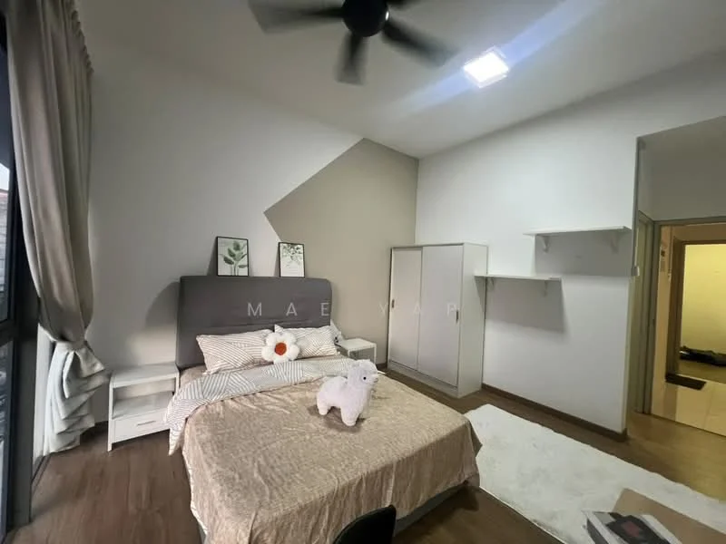 Bedroom features: king-size bed with upholstered headboard, bedside tables, white bedding with decorative pillows, ceiling fan, wooden flooring, grey accent wall, built-in wardrobe, shelving unit, floor-to-ceiling windows with curtains, area rug; style: modern.