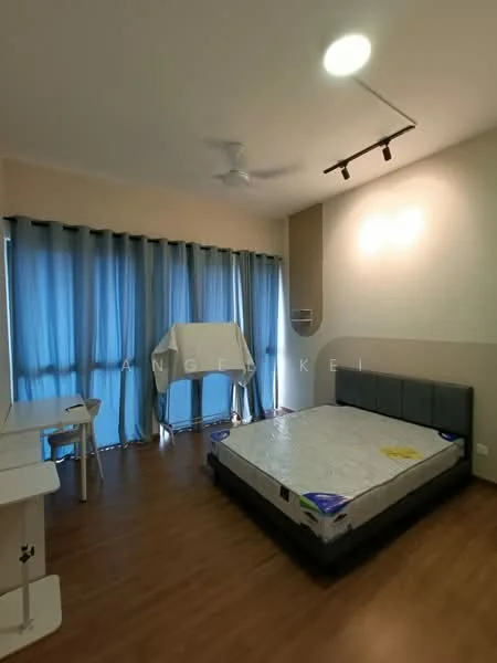 Bedroom features: wooden flooring, grey upholstered bed frame, unmade mattress, floor-to-ceiling windows, sheer curtains, ceiling fan, track lighting, study desk, white chair, decorative wall, light-colored accent wall; style: modern.