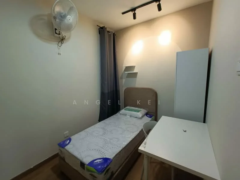 Bedroom features: single bed with mattress, upholstered headboard, white bedding, desk with white surface, chair, wall-mounted shelf, grey curtains, wooden flooring, ceiling fan, light fixture with track lighting; style: modern.