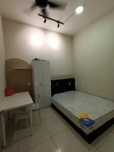Bedroom features: single bed, white bedding, white walls, ceiling fan, recessed lighting, white wardrobe, study desk, white chair, tile flooring.