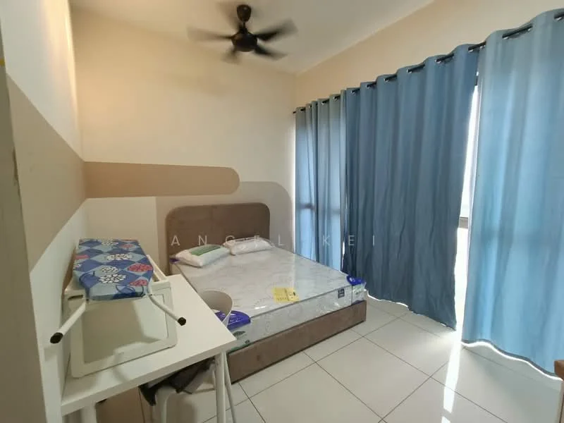 Bedroom features: queen-size bed, upholstered headboard, blue curtains, white walls, ceiling fan, tile flooring, study desk, chair, mattress on bed, window with natural light; style: modern.