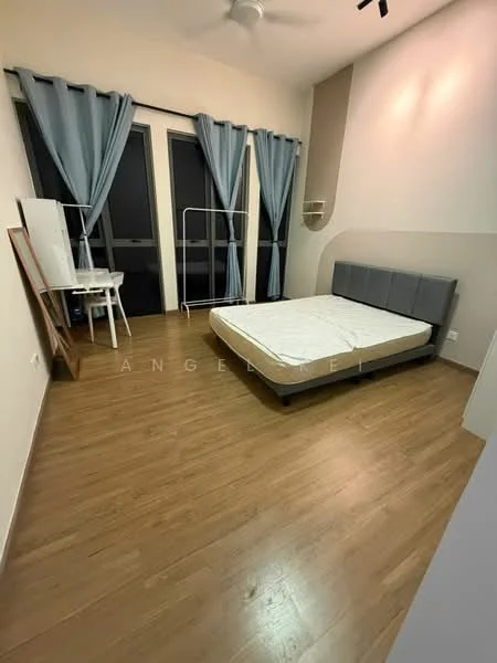 Bedroom features: wooden flooring, grey upholstered headboard, queen-size bed without bedding, 2 floor-to-ceiling windows, light blue curtains, white wall, light brown accent wall, wall-mounted air conditioning unit, white dressing table, clothes rack; style: modern.