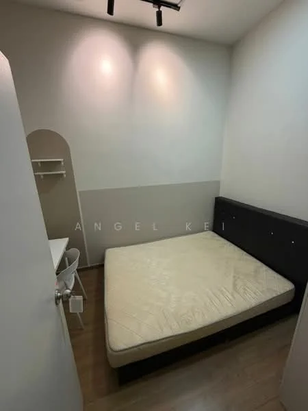 Bedroom features: wooden flooring, white painted walls, black upholstered bed frame, mattress without bedding, wall-mounted shelf, desk with chair, track lighting, single door, minimalist decor; style: modern.