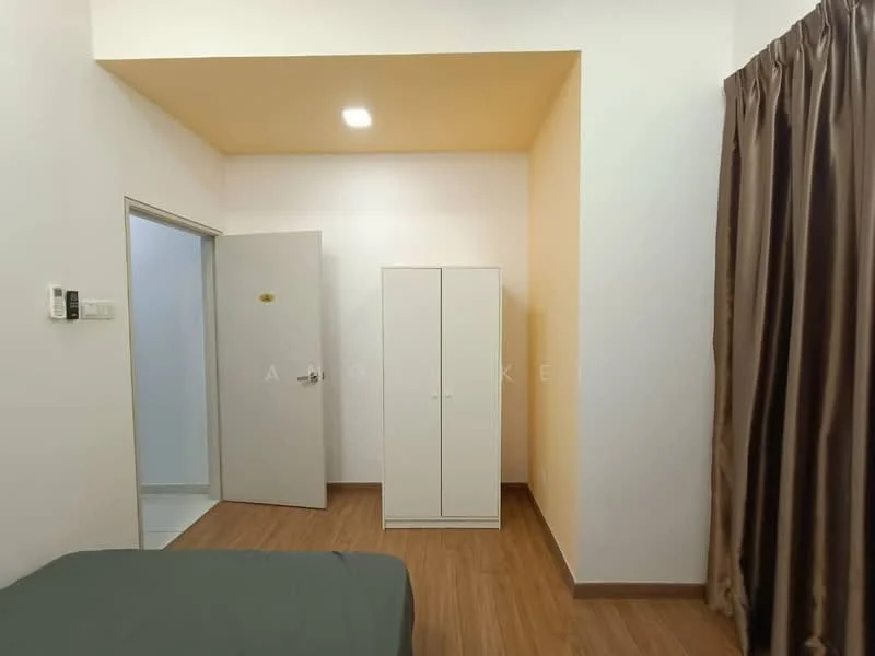 Room features: white painted walls, wooden flooring, single door, built-in wardrobe, curtains, ceiling light.